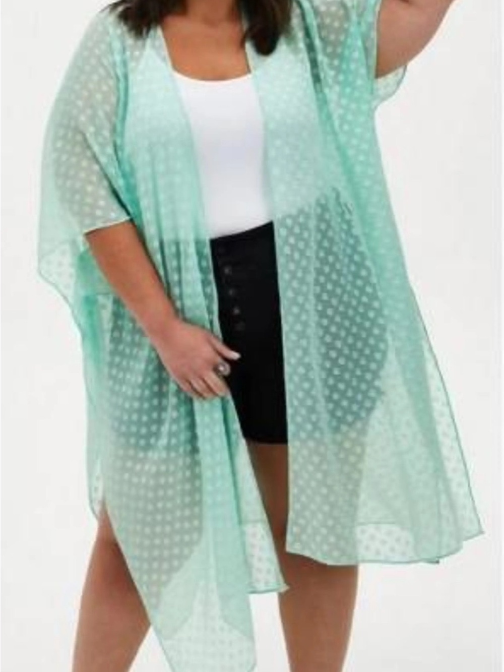 Torrid Sharkbite Clip-Dot Hearts Kimono Mint Green Plus Size 3X Coastal Beach